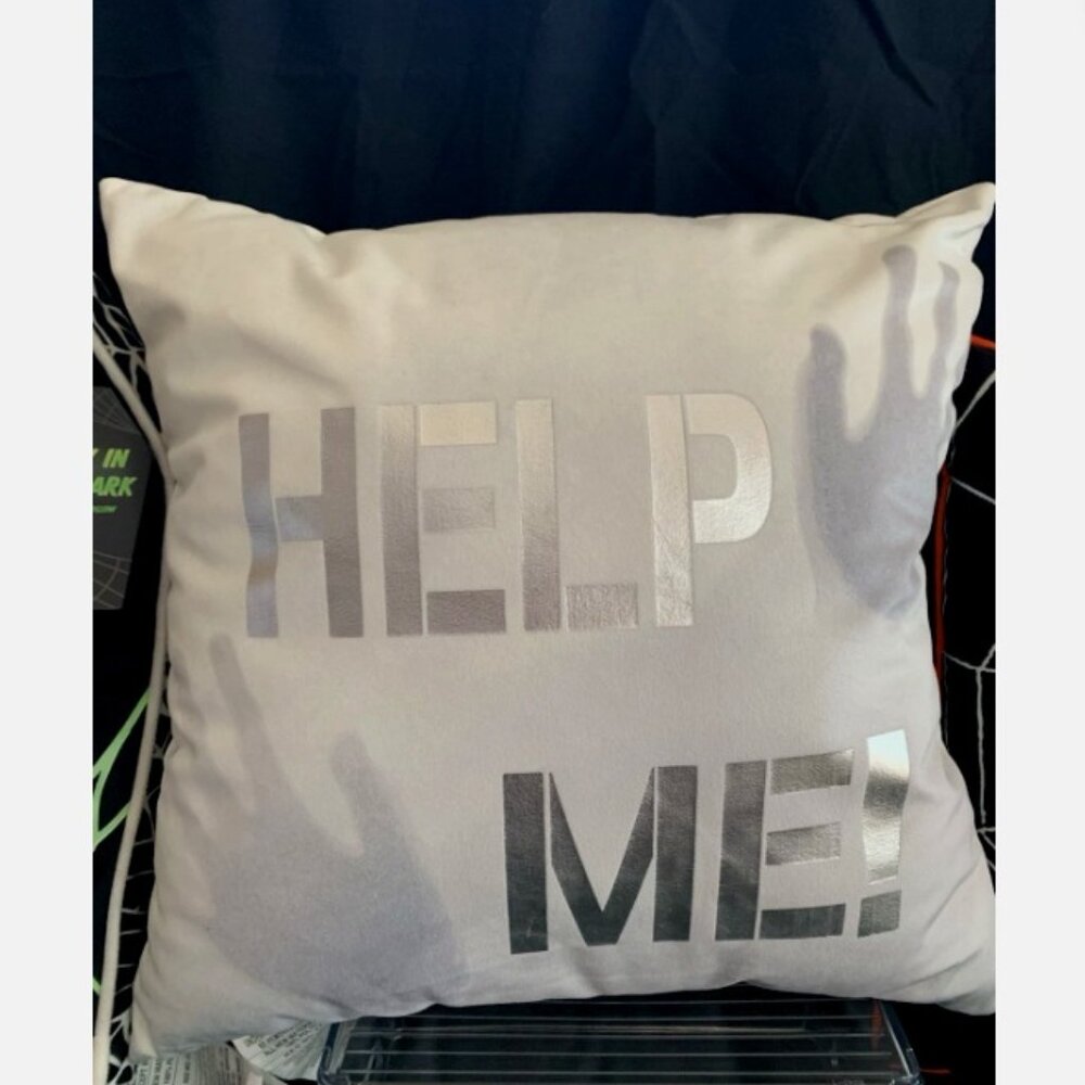 Halloween Pillow- Help Me! White With 2 Handprints 18 X 18